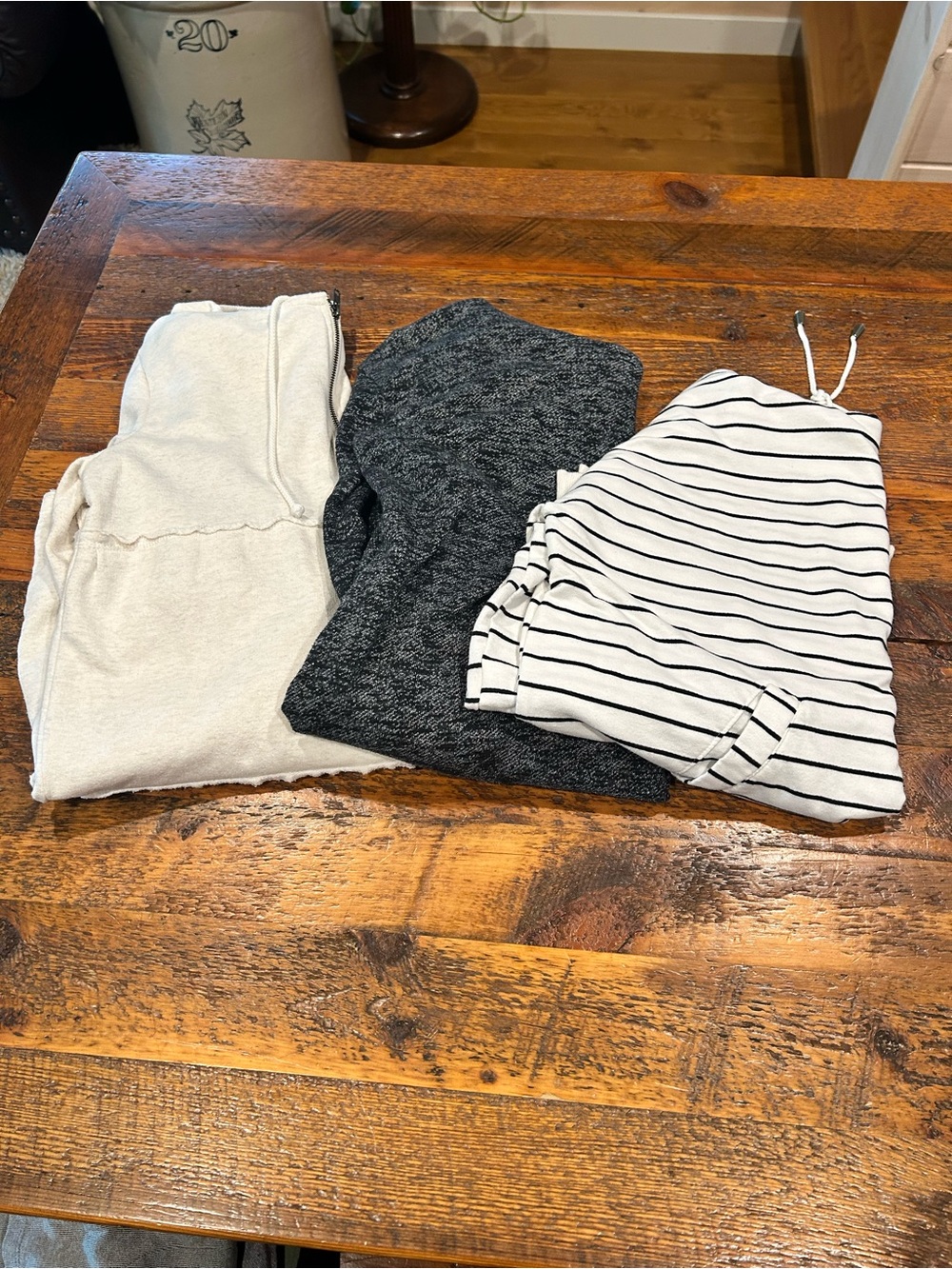 Lot of 3 Sweathshirts- Cream, Charcoal & Black-Striped. Size large.